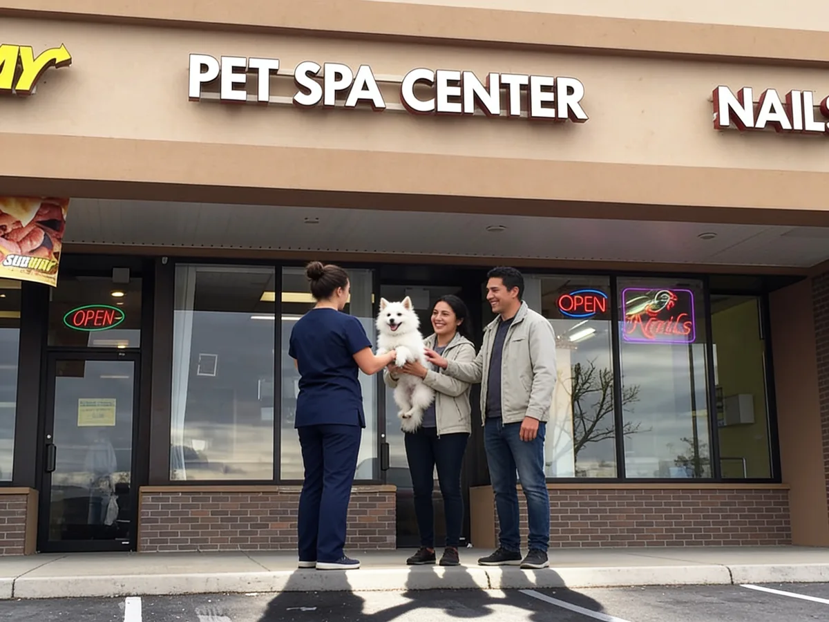 A groomer handing a freshly groomed dog back to its owners in front of the Pet Spa Center storefront on Boston Post Road